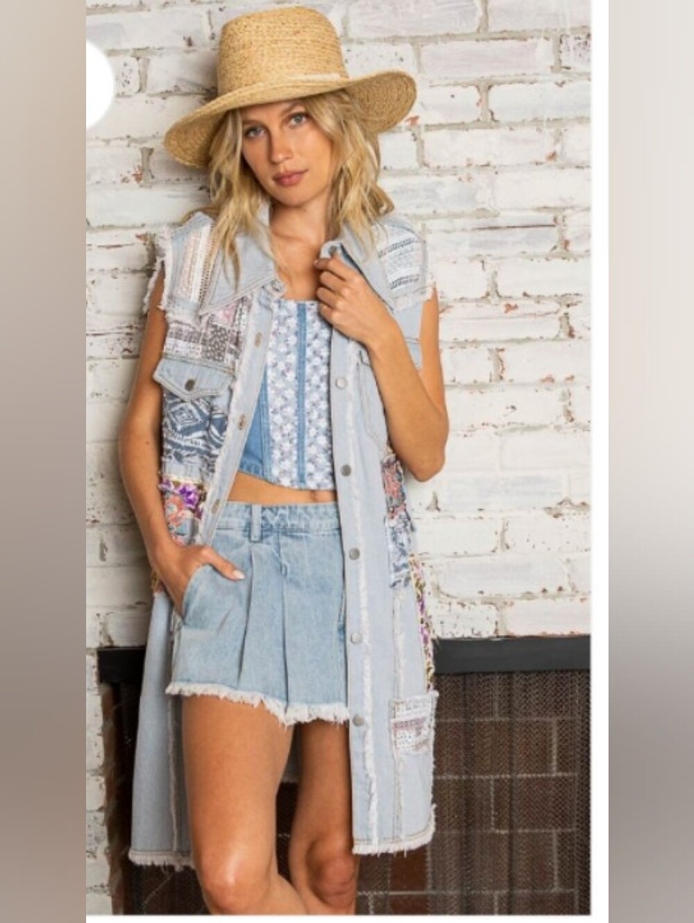 Boho Patchwork Light Wash Denim Vest Size Large - Picture 5 of 5